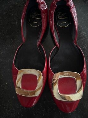 Roger Vivier Red Patent Leather Buckle Flats with Gold Accents